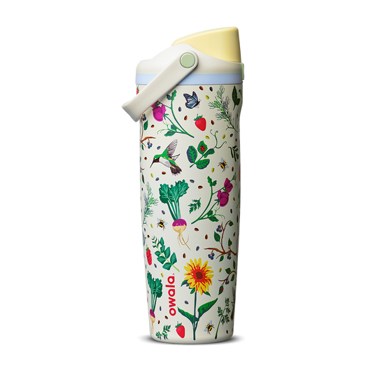 FreeSip Sway 30oz Mother's Day Garden; cream white body with colorful garden print featuring flowers, strawberries, hummingbirds, and bees, yellow flip cap, and light blue carry loop